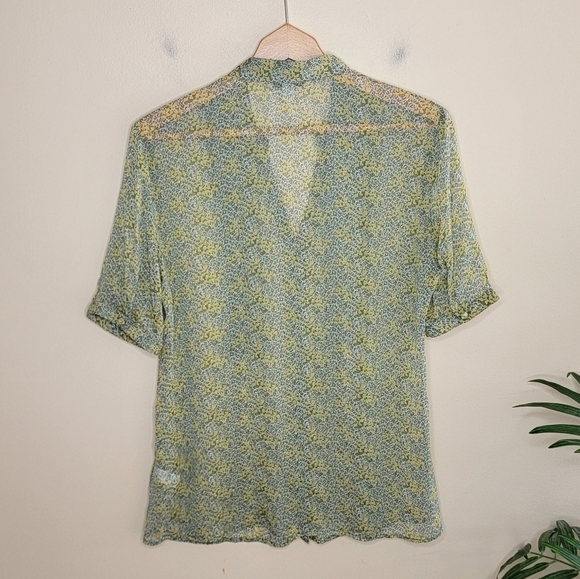 Banana Republic | Yellow Green Floral Sheer Short Sleeve Ruffle Front Blouse - Picture 7 of 7